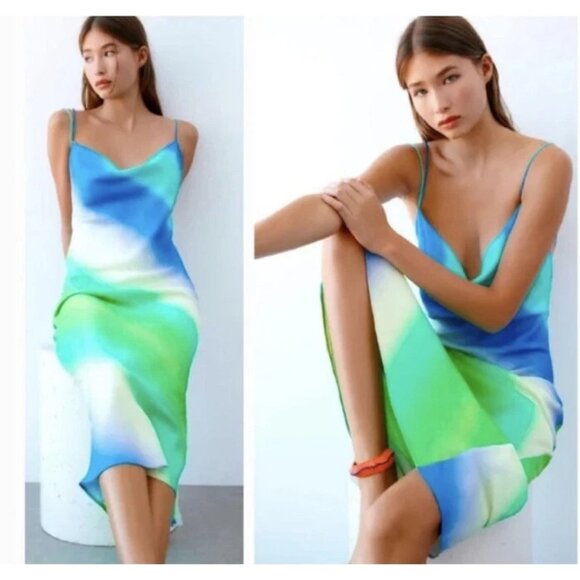 Zara Tie-Dye Maxi Slip Dress V-Neck Spaghetti Straps Multicolor Women L - Picture 1 of 9